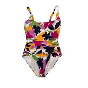 Anne Cole Square Neck Ruched Floral One-Piece Swimsuit Sz 16 Bright Green Fushia